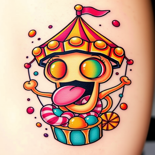 New school tattoo named "Candy Crush Carnival" showcasing exaggerated, cartoonish elements with bright colors and bold outlines in a playful, whimsical style