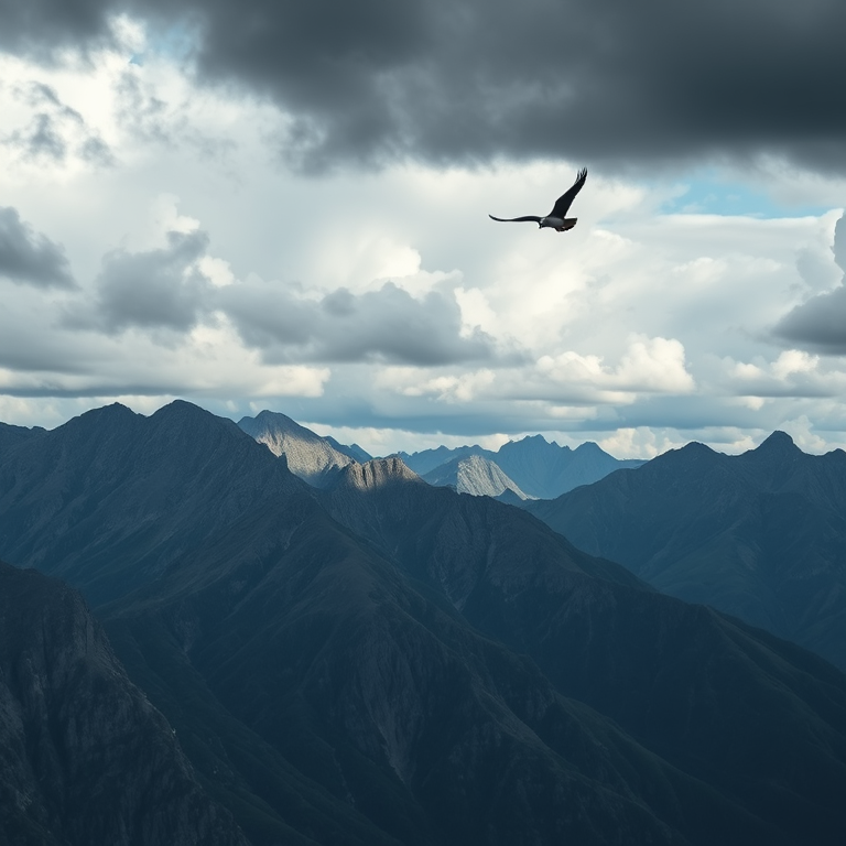 Capture a wide-angle landscape shot of a mountain range under a dramatic cloudy sky with a bird in flight, using a Nikon D850 camera with a 24mm f/1.4 lens at ISO 100, f/8, and a shutter speed of 1/200 sec.