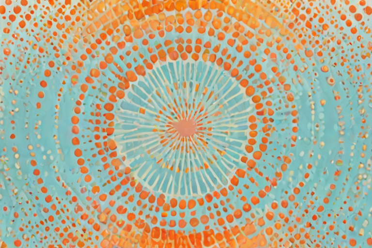 create a vibrant background with radial lines in soft pastel colors transitioning from light blue at the top to warm orange at the bottom, featuring textured dot patterns in the corners.