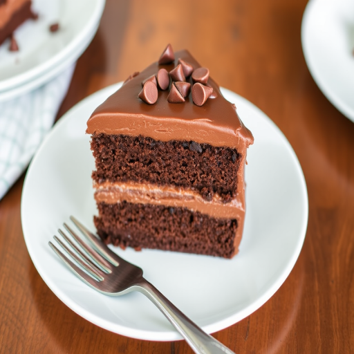 A slice of rich chocolate cake with smooth chocolate frosting topped with chocolate chips on a white plate with a fork beside it. The cake has layers and a moist texture, placed on a wooden table.