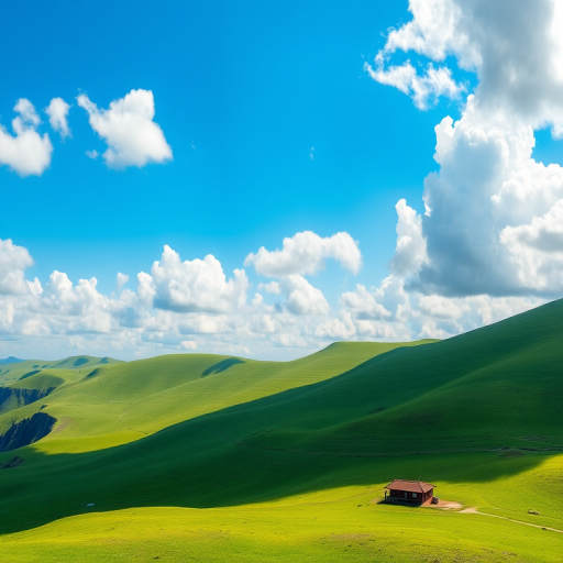 Create a vibrant landscape of rolling green hills under a bright blue sky with fluffy clouds, featuring a small house nestled among the hills, captured with a DSLR camera at f/8 aperture, ISO 100, 24mm lens, and a panoramic view for enhanced depth and clarity.