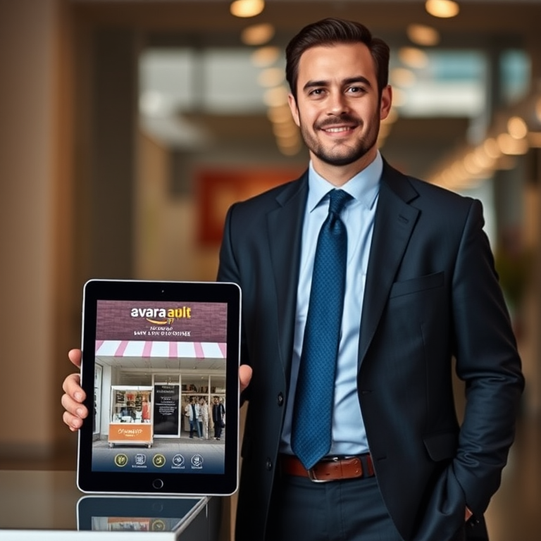 Generate an image of a businessman in a suit standing beside a digital tablet with a storefront design, using a DSLR camera with a 50mm lens, f/1.8 aperture, 1/200 sec shutter speed, ISO 100, in a balanced lighting setup with a soft background blur.