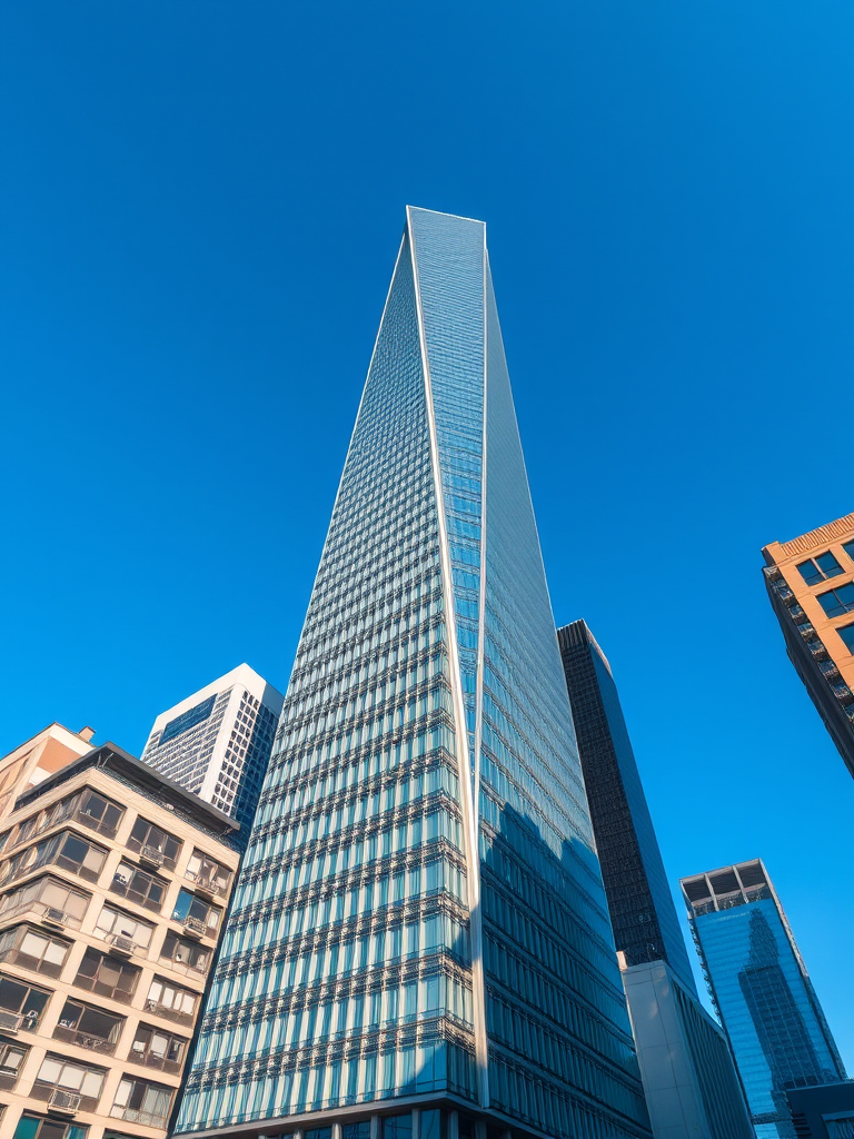 Regenerate the image of a modern skyscraper with a unique design and surrounding buildings under a clear blue sky, using a Canon EOS R5, 24mm lens, f/8 aperture, ISO 100, with a slight tilt-shift effect for enhanced perspective.