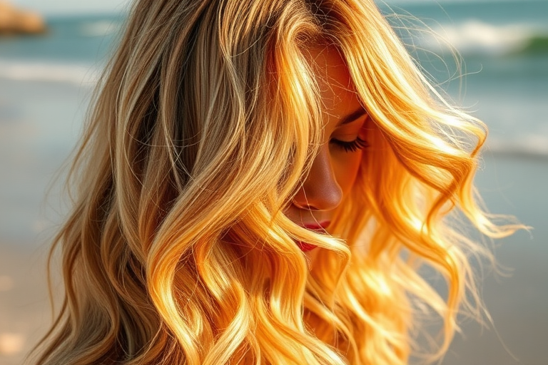Sunlit Honey Harvest glows with golden blonde tresses interwoven with caramel and amber highlights, styled in voluminous beach waves that capture the essence of summer