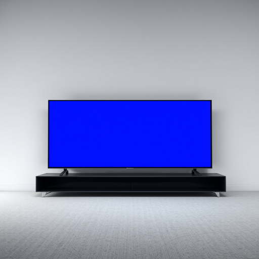 Create a high-resolution image of a sleek, modern flat-screen television with a glossy black frame, displaying a vibrant blue screen, viewed from a front angle; camera settings: ISO 100, aperture f/4, shutter speed 1/60s; use a digital mirrorless camera with a standard lens to enhance clarity and detail.