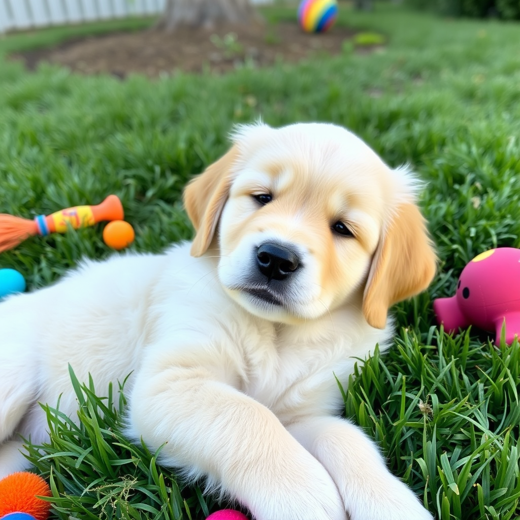 A fluffy golden retriever puppy lying on green grass with a soft expression and slightly tilted head, surrounded by colorful toys in a serene outdoor setting.