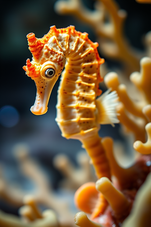 seahorse in coral reef, macro photography, f/2.8 aperture, 1/200 sec shutter speed, ISO 100, underwater photography, natural light, Canon EOS R5, 100mm macro lens, vibrant colors, high detail