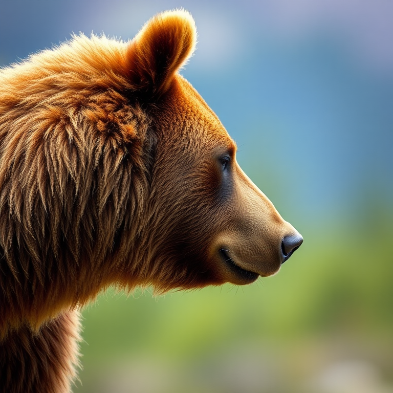 close-up of a brown bear profile with soft focus background, captured at f/2.8, 1/200s, ISO 100, 85mm lens, natural light, DSLR camera