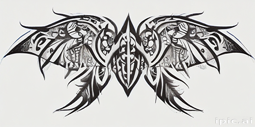 Intricate Black and White Winged Design with Tribal Patterns and Details