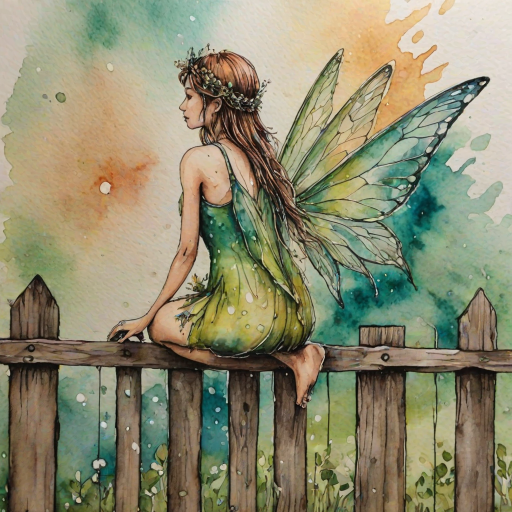 create an image of a fairy from behind sitting on a  fence watercolour and alcohol inks