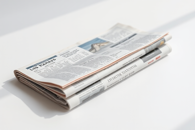 Create a realistic image of a folded newspaper lying on a clean surface, using a DSLR camera with a 50mm lens, aperture set to f/2.8, shutter speed at 1/125s, ISO 100, natural lighting from the side, shallow depth of field to enhance texture.