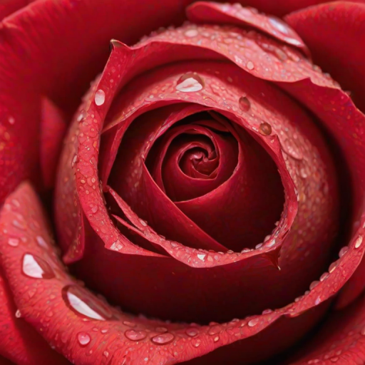 Sharp, detailed close-up of a raindrop sliding down the petal of a vibrant red rose, soft light reflecting off the delicate surface, with tiny veins visible on the petal.