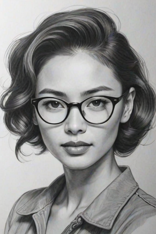 Lovely Manny Jacinto, pencil sketch, portrait of Graceful woman 1941s in glasses, hair style beatnik, outline, clear lines, fine lines, 8k