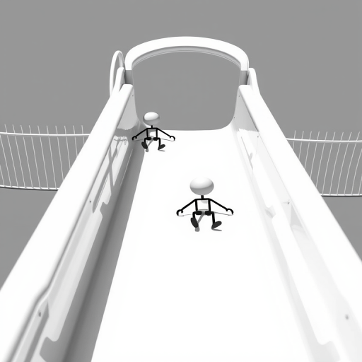 Create a high-contrast vector graphic of a slide with two stick figures, one sitting and the other sliding down, in black and white, using a DSLR camera with a 50mm lens, f/2.8 aperture, ISO 100, and a slight top-down perspective to enhance clarity and detail.