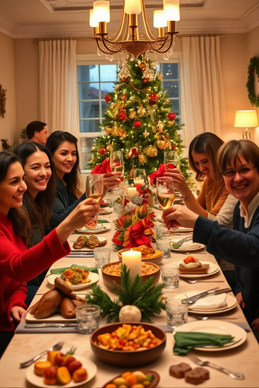 Create an image of a festive holiday dinner scene featuring a diverse group of people gathered around a beautifully set table. They are smiling and raising glasses in a toast, surrounded by a variety of delicious dishes and decorations. The setting should have warm lighting, a decorated Christmas tree in the background, and a cozy atmosphere that captures the spirit of celebration and togetherness.