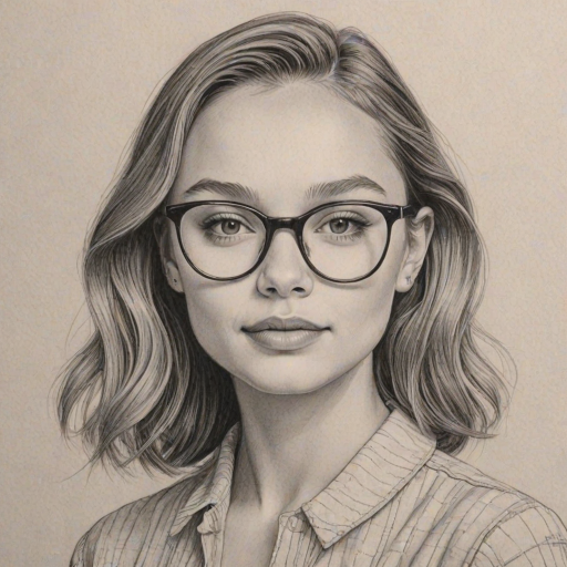 Captivating Maddie Ziegler, pencil sketch, portrait of Gorgeous woman 1950s in glasses, hair style beatnik, outline, clear lines, fine lines, 8k