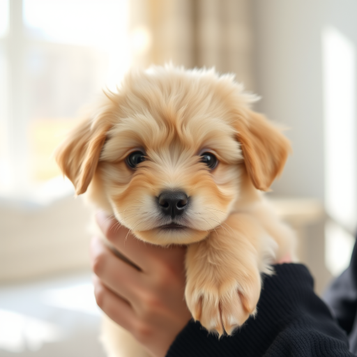 Generate an image of a fluffy light brown puppy being held by a person with a cozy indoor background featuring sunlight and soft textures the puppy has a cute expression with big eyes and a small nose