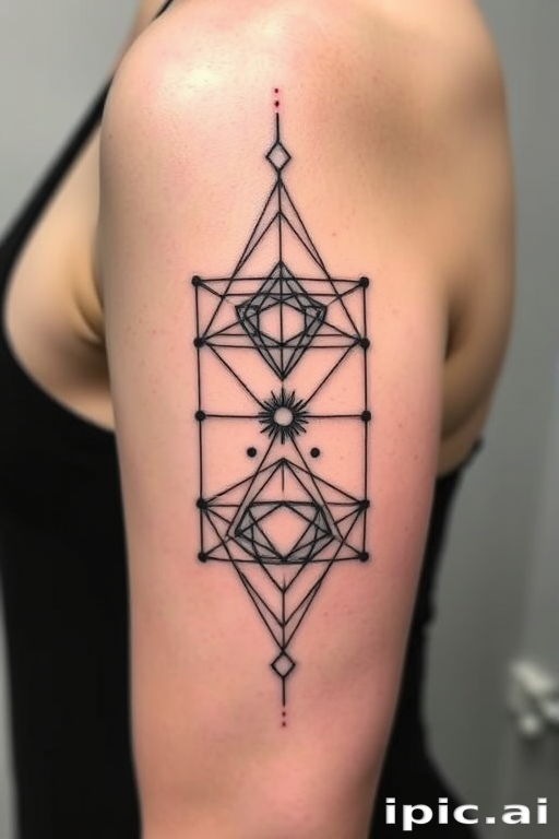 Minimalist blackwork tattoo called "Geometric Harmony" showcasing intricate geometric shapes interconnected with delicate lines, creating a mesmerizing pattern that flows seamlessly across the skin, known for its bold contrast and precision