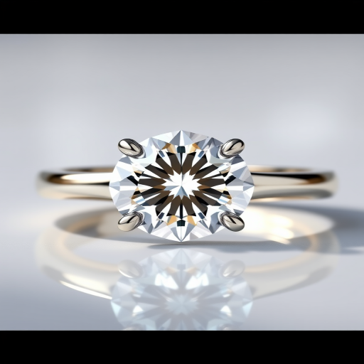 Create a high-resolution 3D rendering of a diamond engagement ring with a brilliant cut diamond, set in a polished white gold band, using a macro lens at f/2.8 for shallow depth of field, 50mm focal length, and 1/100 sec shutter speed, illuminated with soft, diffused natural light for enhanced sparkle and clarity.