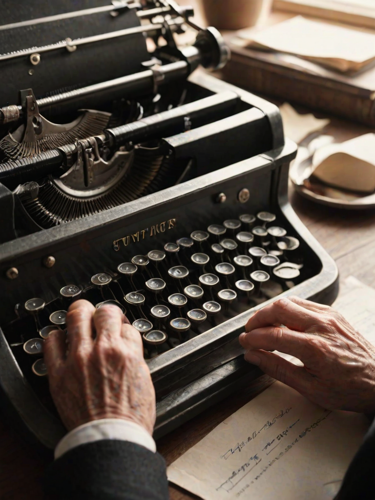 High-contrast, close-up image of an old-fashioned typewriter, fingers pressing down on keys, black ink ribbon taut and ready to print, sunlight glinting off the metal parts, an unfinished letter sitting in the typewriter, coffee cup rings visible on a stack of papers nearby.