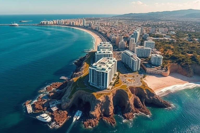 Generate a high-resolution aerial view of a coastal city with modern buildings overlooking a beach and rocky cliffs, shot with a DSLR camera at 24mm focal length, f/8 aperture, ISO 100, using a landscape mode for enhanced image quality.