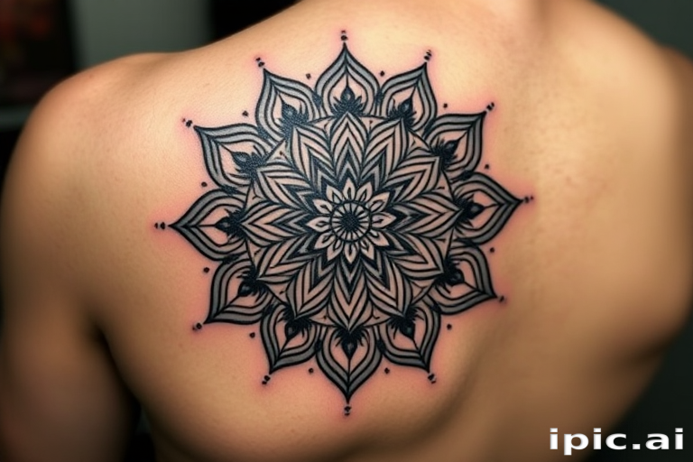 Intricate blackwork mandala tattoo called "Obsidian Lotus" showcasing a complex geometric pattern of interconnected lines and shapes forming a circular design reminiscent of a blooming lotus flower, with bold black ink creating stark contrast against the skin and fine dotwork details adding texture and depth to the tattoo, resulting in a mesmerizing and meditative piece that draws the eye and captivates onlookers