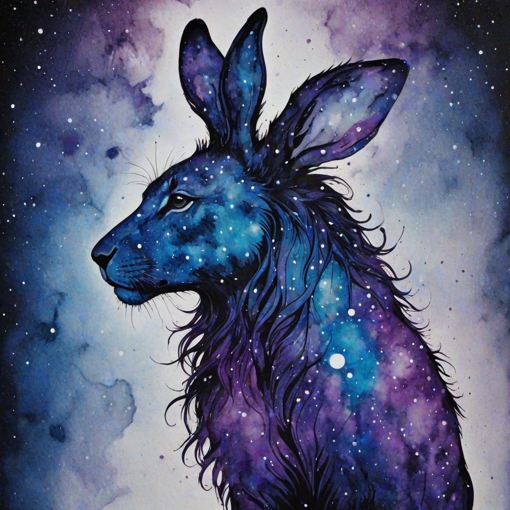 Captivating conceptual render alcohol ink art, double exposure, the paint strokes artfully merge combining a woman's full silhouette with a Humble hare's silhouette. The figures are composed of a series of colored dots, lines & spots that evoke the image of a cosmic galaxy, colors are deep shades of blue purple & black with flashes of white & silver representing distant stars. The woman's silhouette is formed within the lion's silhouette from constellations of scattered stars, surreal