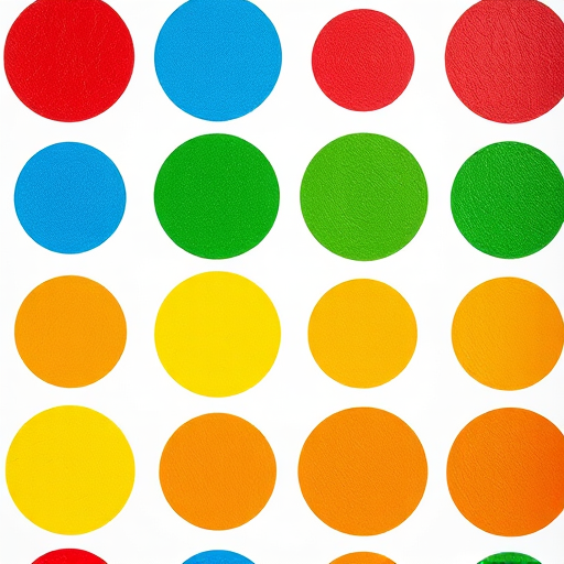 Create a vibrant polka dot pattern with colorful textured circles in red, blue, green, yellow, and orange on a white background, shot with a DSLR camera at f/8 aperture, ISO 100, 50mm lens in soft focus for a whimsical effect.