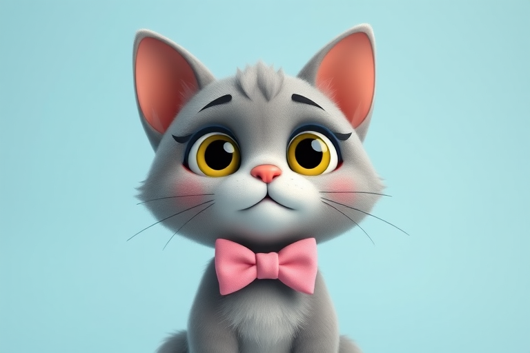 Create a cute cartoon image of a grey cat with big eyes and a pink bowtie, viewed from a slightly elevated angle, using a Canon EOS 5D Mark IV, ISO 100, f/2.8, 50mm lens, and a soft pastel blue background for enhanced contrast.