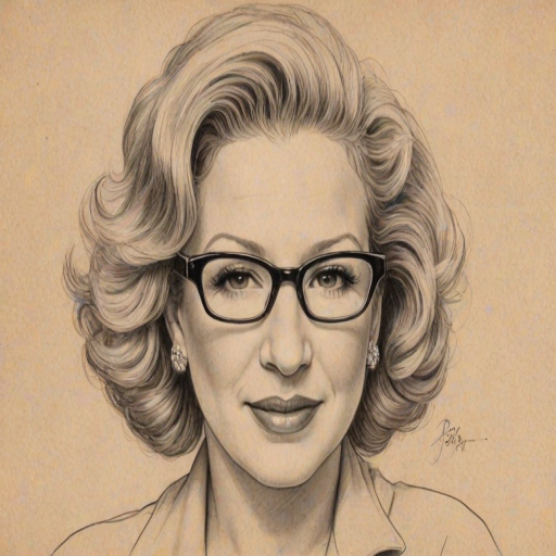 Delightful Bette Midler, pencil sketch, portrait of Fetching woman 1938s in glasses, hair style beatnik, outline, clear lines, fine lines, 8k
