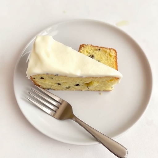 A slice of moist vanilla cake with poppy seeds topped with creamy white frosting served on a round white plate with a silver fork resting beside it. The background is a soft, light-colored surface that enhances the cake's texture and color.
