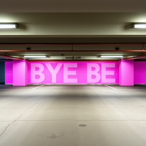 interior of a modern parking garage with a colorful pink wall mural saying "BYE BYE," soft diffused lighting, camera settings: ISO 200, f/5.6, 1/60s, wide-angle lens, shot from a low angle to capture depth, DSLR camera, high-resolution image quality.
