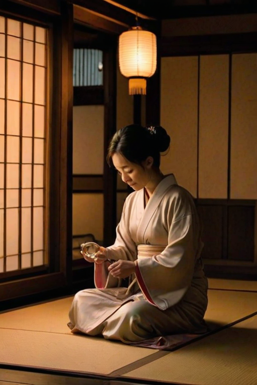 Quiet tea house at dusk, lanterns hanging from the eaves, a woman in a silk robe sits on the tatami floor, carefully pouring tea into delicate cups as the soft glow of the lanterns flickers.