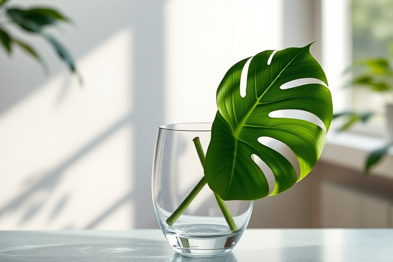 Create a high-resolution digital illustration of a translucent vase holding a large green monstera leaf, shot with a Canon EOS R5 at f/2.8, 1/100s, ISO 100, with a soft focus background and natural lighting to enhance detail and vibrancy.