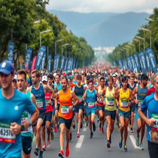 A lively marathon starting line with a diverse group of runners in colorful athletic gear, captured with a Canon EOS R5, 24-70mm f/2.8 lens, aperture f/4, ISO 200, shutter speed 1/500s, wide-angle view to emphasize the crowd and surrounding scenery.