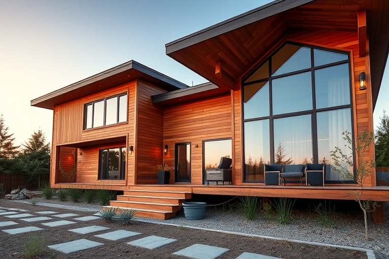 Create a high-quality image of a modern wooden house with large windows and contemporary architecture, using a Canon EOS R5 camera, 24mm f/1.4 lens, aperture set to f/8, ISO 100, in early evening golden hour lighting, wide-angle view to capture the full exterior and landscaping.