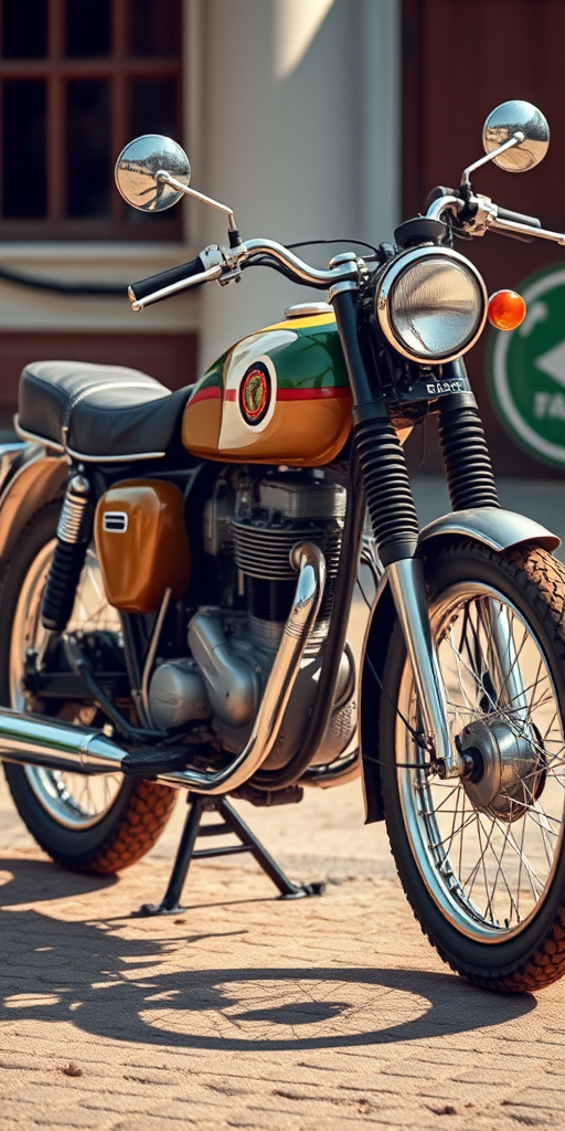 Create a detailed illustration of a vintage motorcycle, side view, high-resolution, shot with a Canon EOS R5, ISO 100, f/2.8, 1/200s, natural daylight for enhanced clarity and depth.