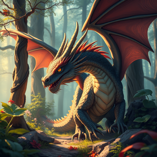 Create a detailed illustration of a fantasy dragon in a mystical forest setting, using a Canon EOS R5 with a 50mm f/1.2 lens, aperture set to f/2.8, ISO 100, and a shallow depth of field, capturing dynamic lighting with soft shadows and vibrant colors.