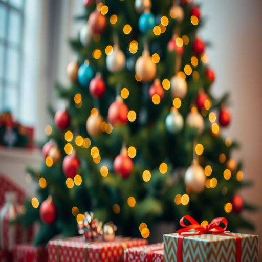 Create a blurred image of a beautifully decorated Christmas tree with colorful ornaments and twinkling lights. The background should be softly out of focus, emphasizing the festive atmosphere. Include some wrapped presents in the foreground to enhance the holiday spirit.
