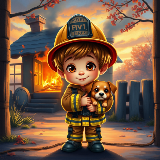 airbrushed oil painting, pixar style, cute little boy in fireman gear, helmet, tousled hair, expressive eyes, standing in the doorstep of a cottage burning behind him, holding a cute little dog in his arm, atumn sky
