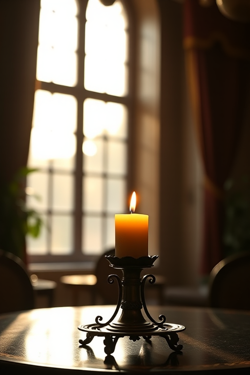 A softly illuminated candle on an ornate holder in a dimly lit, richly decorated room with large windows, warm light casting gentle shadows, captured with a DSLR camera at f/2.8 aperture, ISO 200, 50mm lens, in natural light, creating a warm and inviting atmosphere.