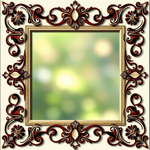 Create an ornate vintage frame design with intricate swirls and floral elements, using a DSLR camera with a 50mm lens, f/2.8 aperture, 1/125 shutter speed, in portrait orientation, with soft natural lighting.