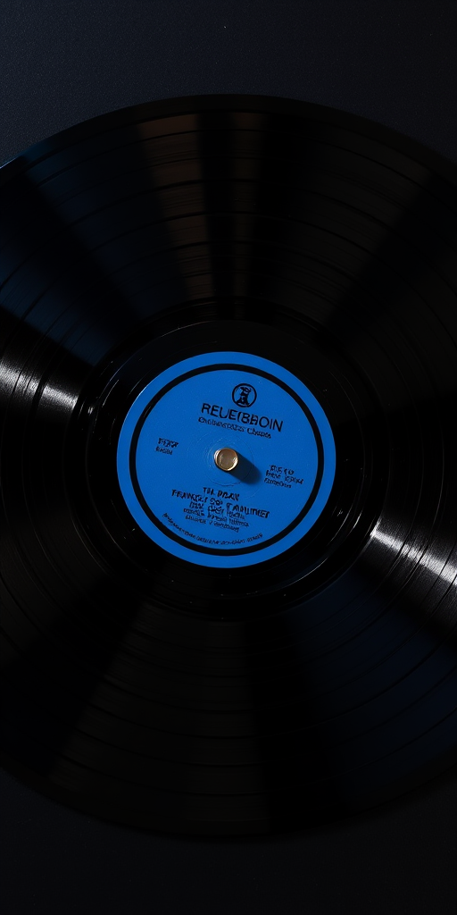 Create a high-resolution image of a black vinyl record with a blue center label, shot with a DSLR camera at f/2.8 aperture, ISO 100, 50mm lens, using a top-down view with soft natural lighting to enhance reflections and details.