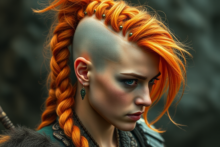 Fierce flame-haired warrior with an intricate Viking-inspired braided style, featuring shaved sides and ornate beads