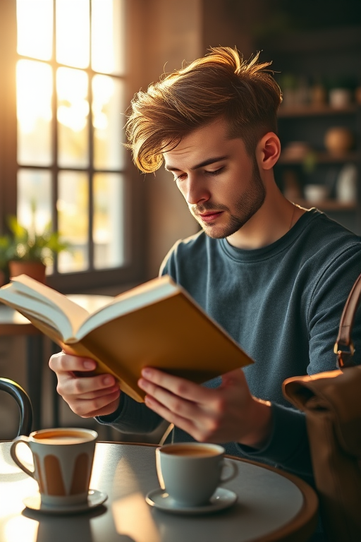 Regenerate an image of a young man with stylish hair reading a book in a cozy coffee shop, warm sunlight streaming through the windows, with a cup of coffee and a brown bag on the table, use a Canon EOS R6 camera with a 50mm lens, aperture f/1.8, ISO 200, shutter speed 1/100s, natural light, soft bokeh effect.