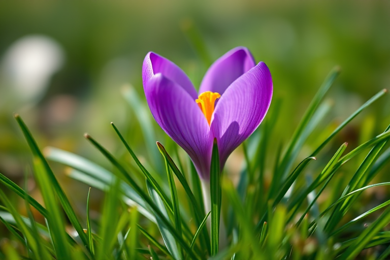 macro shot of a vibrant purple crocus flower surrounded by green grass with a soft blurred background, aperture f/2.8, shutter speed 1/250s, ISO 100, 50mm lens, taken on a DSLR camera, natural lighting