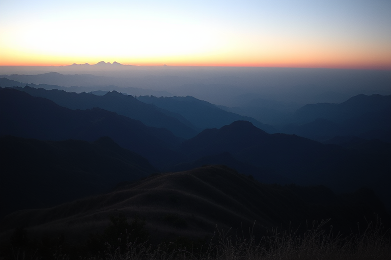 Capture a dramatic mountain landscape at dusk with a wide-angle lens, using a Canon EOS R5 camera, f/8 aperture, 1/200 sec shutter speed, ISO 200, focus on the foreground with a shallow depth of field to highlight the rolling hills and valleys, emphasizing the hazy atmosphere and layered mountain silhouettes in the background.