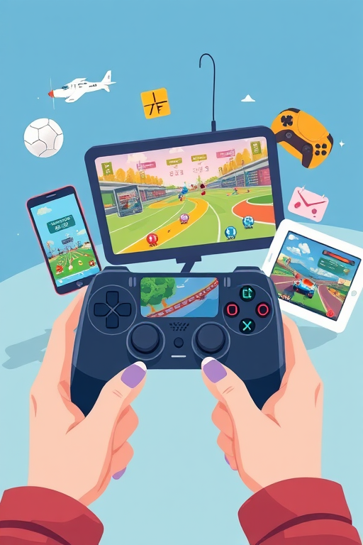 Create an illustration of various gaming devices being used, including a smartphone, game controller, and tablet, highlighting different game genres like sports and racing, in a vibrant, flat design style; use a Canon EOS R5, 50mm lens, f/1.8 aperture, ISO 100, and natural lighting for clarity and color accuracy.