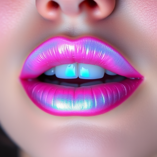 Holographic iridescent lip color shifting between pink and blue, dubbed "Unicorn Dreams," incorporating tiny sparkles for a magical, ethereal look
