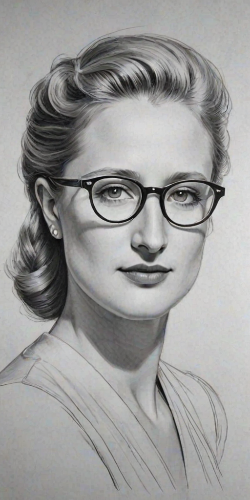 Delightful Mamie Gummer, pencil sketch, portrait of Graceful woman 1938s in glasses, hair style beatnik, outline, clear lines, fine lines, 8k